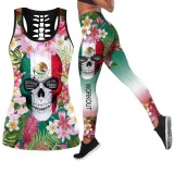 Women Casual Yoga Sport Sleeveless Suit T Shirt YinYang Skull Rose Print 3D Tank Tops Pants Cool Flower Skull Tanks Back Hollow out Vest Casual Tees
