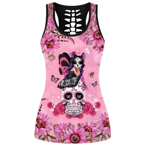 Women Casual Yoga Sport Sleeveless Top T Shirt YinYang Cat Print 3D Tank Tops Cool Flower Skull Tanks Back Hollow out Vest Casual Tees