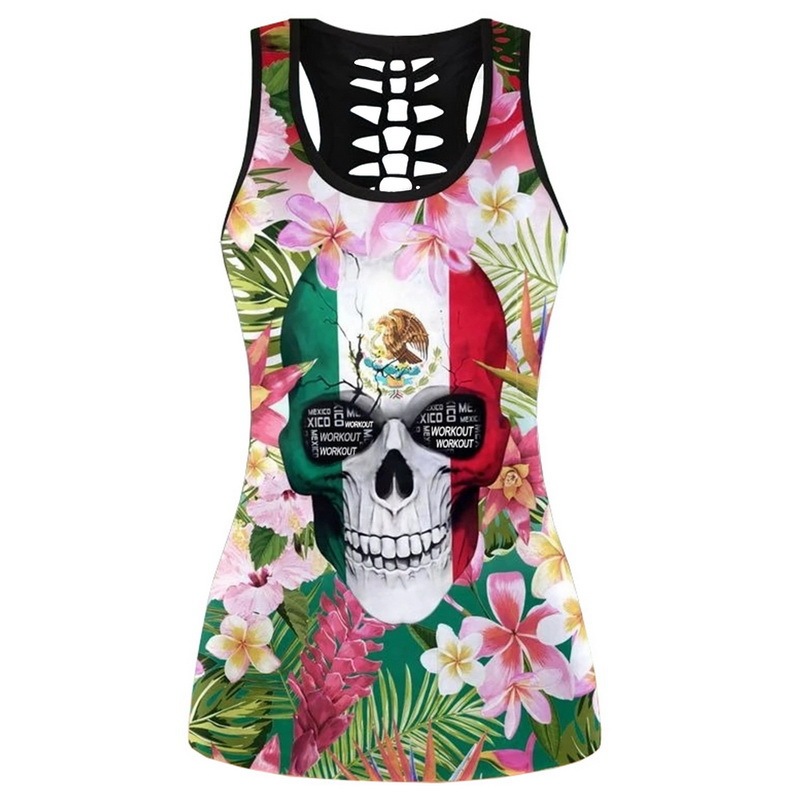 Women Casual Yoga Sport Sleeveless Top T Shirt YinYang Skull Rose Print 3D Tank Tops Cool Flower Skull Tanks Back Hollow out Vest Casual Tees