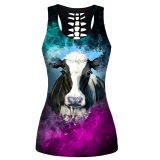 Women Casual Yoga Sport Sleeveless Suit T Shirt YinYang Skull Rose Print 3D Tank Tops Pants Cool Flower Skull Tanks Back Hollow out Vest Casual Tees