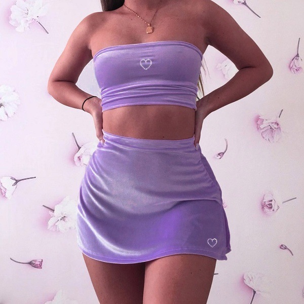 Fashion Women Solid Color Skirts Two-piece Sets Pink Purple Blue XS-2XL