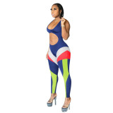 Women Colorblock Hollow Out Street Style Jumpsuit S-2XL
