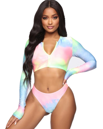 Women Tie Dye Long Sleeve Zipper Two Piece Swimwear S-XL