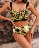 Sexy V-neck Lace High Waist Two-piece Swimsuit Yellow S-L