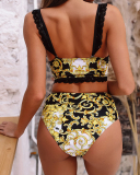 Sexy V-neck Lace High Waist Two-piece Swimsuit Yellow S-L