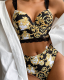 Sexy V-neck Lace High Waist Two-piece Swimsuit Yellow S-L