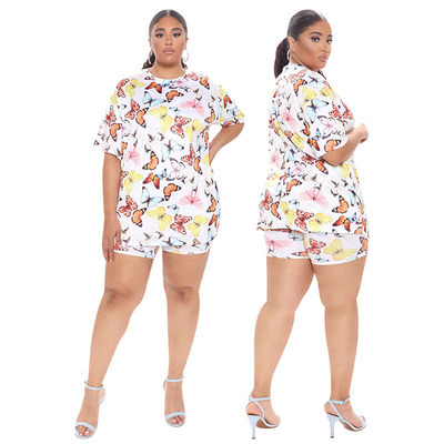 Plus size women's summer new butterfly print fashion set