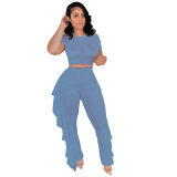 Short Sleeve Women Solid Color Two Piece Pant Set