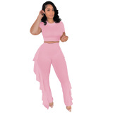Short Sleeve Women Solid Color Two Piece Pant Set