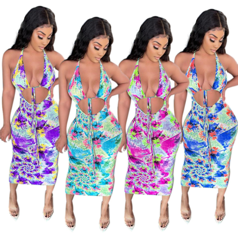 Women's Pit-striped Digital Print Lacing Dress