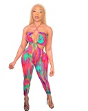 Women Multicolor Tie Dye Strappy Hollow Out Sexy Sleeveless Jumpsuits Blue Purple Rosy Orange Red S-2XL