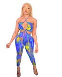Women Multicolor Tie Dye Strappy Hollow Out Sexy Sleeveless Jumpsuits Blue Purple Rosy Orange Red S-2XL