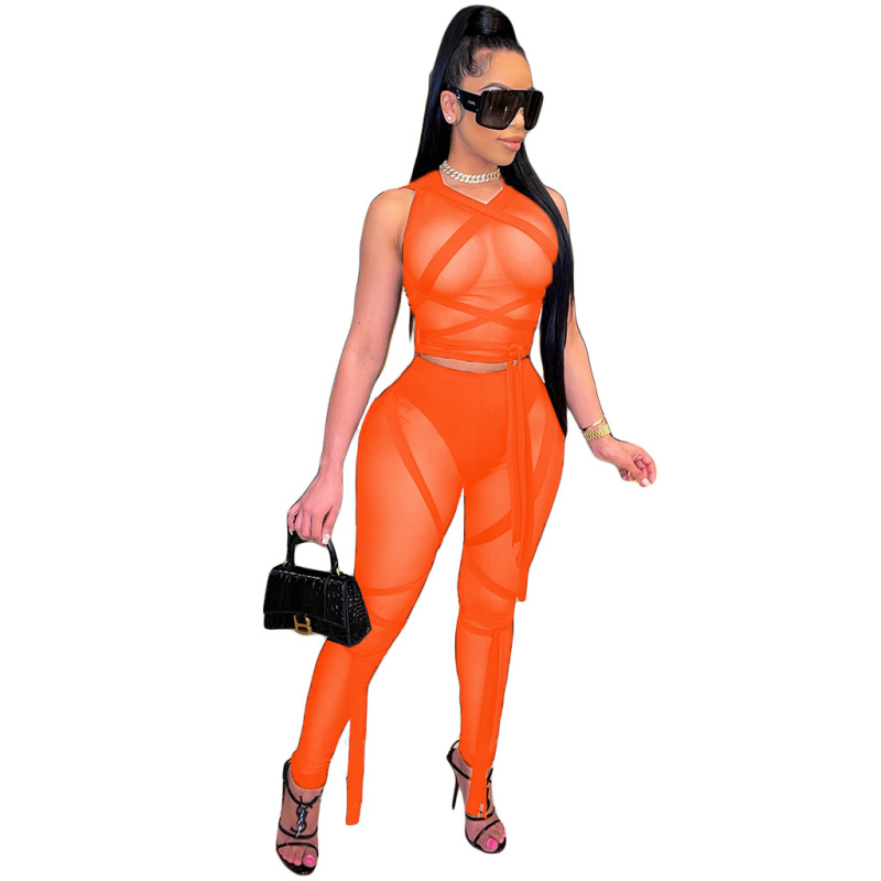 Women Solid Color Mesh See Through Two Piece Set Orange Red Black S-XL