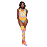 Lady Sexy Printing One Piece Swimwear Including Sock (No Cup)