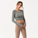 Women Yoga Shirts Solid Sport Quick Dry Button Trainning With Thumb Longsleeve Tops Running Fitness Gym Shirts Female