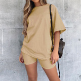 Short Sleeve Solid Color Loose Style Women Two Piece Casual Set S-L