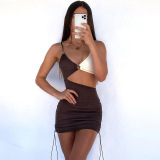 Sexy Lace Drawing Pleats Crop Midriff Color Collision Short Dress