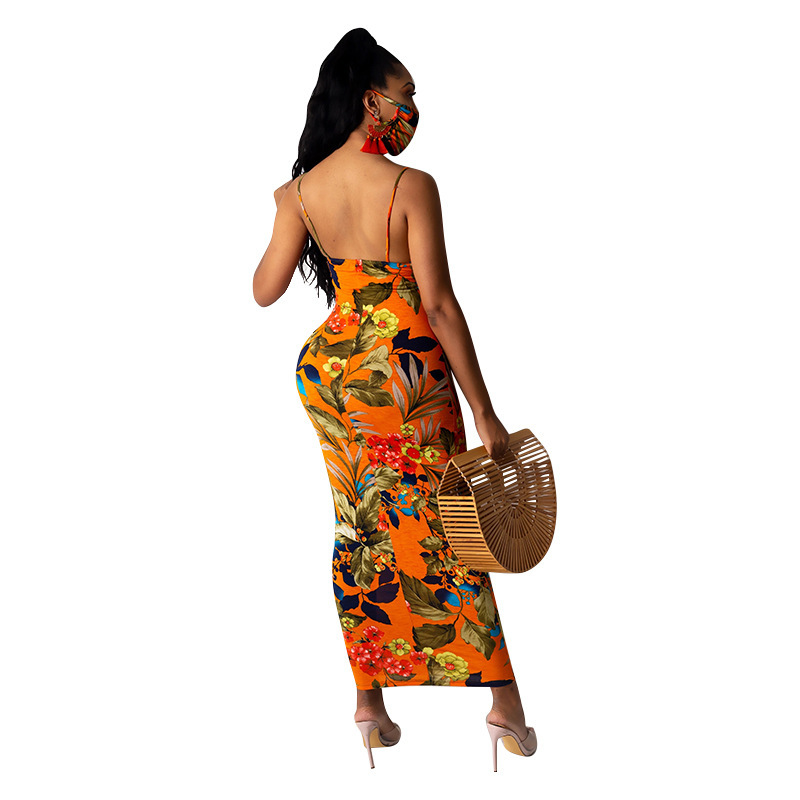 Women Florals Strap Bodycon Maxi Backless Fashion Dress S-2XL(Without facemask)