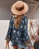 Women Fashion Floral V-neck Long Sleeve Casual Summer Blouses Pink Yellow Orange Blue Navy Blue S-XL
