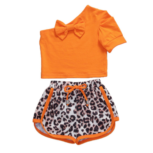 Kids Orange One Sleeve Cute Bow Leopard Shorts Kids Clothes Two Piece Sets 80-120cm