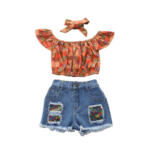 Summer Printed Tops Jeans Three Piece Sets Kids Clothes