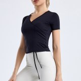 Summer New Short Sleeve Yoga Shirts Fitness Gym Women V-Neck Drawstring Design Crop Top Sports Elastic Dry Quick T Shirt