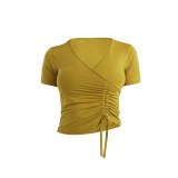 Summer New Short Sleeve Yoga Shirts Fitness Gym Women V-Neck Drawstring Design Crop Top Sports Elastic Dry Quick T Shirt