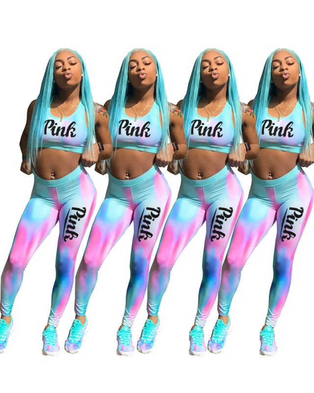 Lady Fashion Gradient Ramp Letter Print Two-piece Set S-XXL