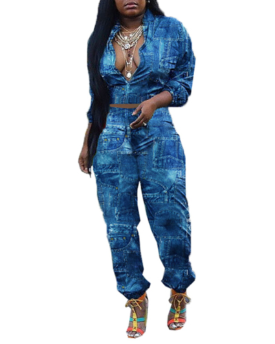 Lady Fashion Denim Printed Splicing Two Piece Outfit Solid Black Blue Color S-XXL