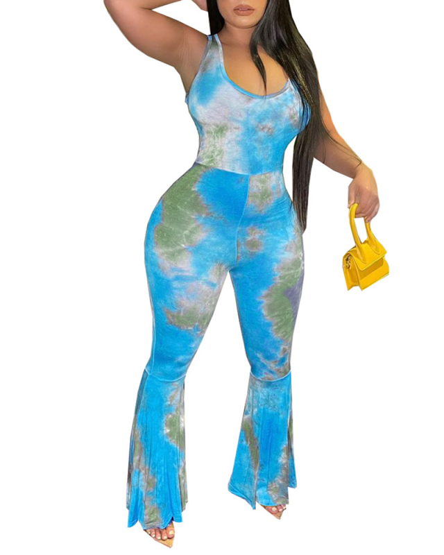 Lady Sexy Tight-Fitting Backless Multi-Shoulder Strapless Tie-Dye Printed Flare Jumpsuit Multicolor S-XXL