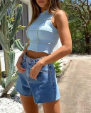 Lady Summer Casual Crew Neck Sleeveless Patchwork Stitch Crop Tops Solid Bule S-XL
