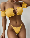 Lady Fashion Sexy Lotus Leaf Lace One Shoulder Hollow Out Two-Piece Bikini Beach Swimsuit Solid Color S-L