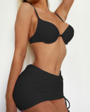 Lady Fashion Sexy Pleated Chest Gathered Drawstring Tight Three-Piece Bikini Swimsuit Solid Color S-L