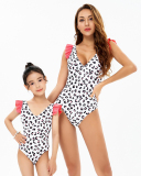 New Fashion Sexy Leopard Printed Ruffled Shoulder Open Back One-Piece Mother and Daughter Bikini Swimsuit Adult S-Adult XL Child 104-Child 164