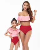 Fashion New High Waist Lotus Lace Strapless Color Block Stitching Mother and Daughter Bikini Swimming Adult S-Adult XL Child 104-Child 164