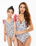 New Fashion Sexy Leopard Printed Ruffled Shoulder Open Back One-Piece Mother and Daughter Bikini Swimsuit Adult S-Adult XL Child 104-Child 164