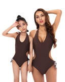 New Sexy Solid Color Sling One-Piece Parent-Child Swimsuit Bikini Orange Adult S-Adult XL Child104-Child164