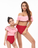Fashion New High Waist Lotus Lace Strapless Color Block Stitching Mother and Daughter Bikini Swimming Adult S-Adult XL Child 104-Child 164