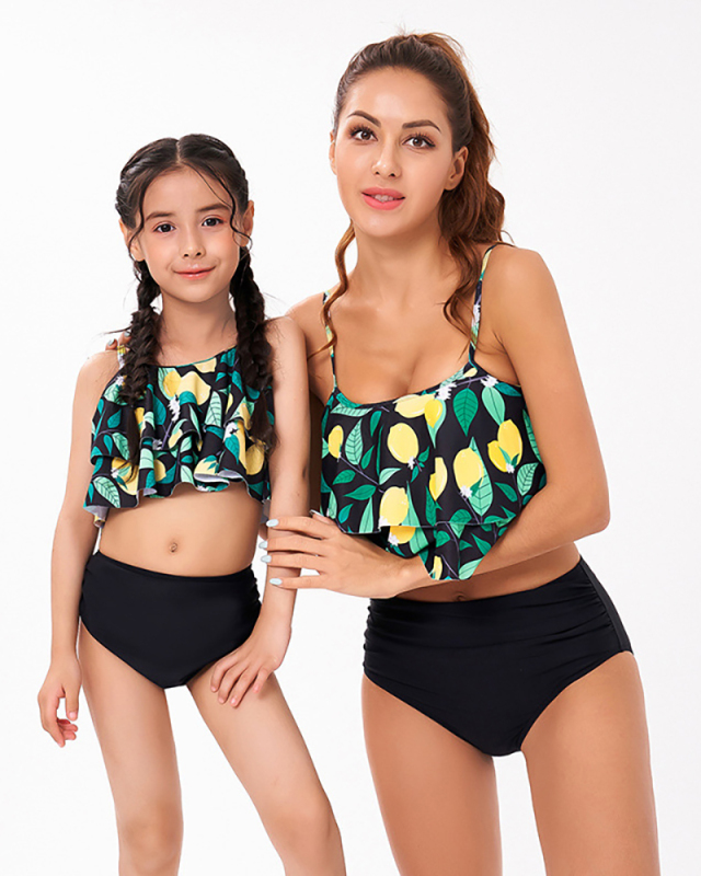 Fashion New Floral Printed Ruffled Sling Bikini Two-Piece Mother and Daughter Swimsuit AdultS-AdultXL Child104-Child164