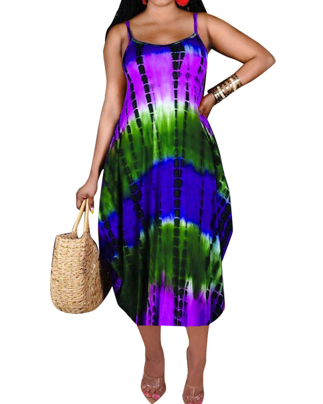 Hot Sale Printed Strap Loose Casual Maxi Dresses Orange Yelllow Purple Green Blue S-2XL