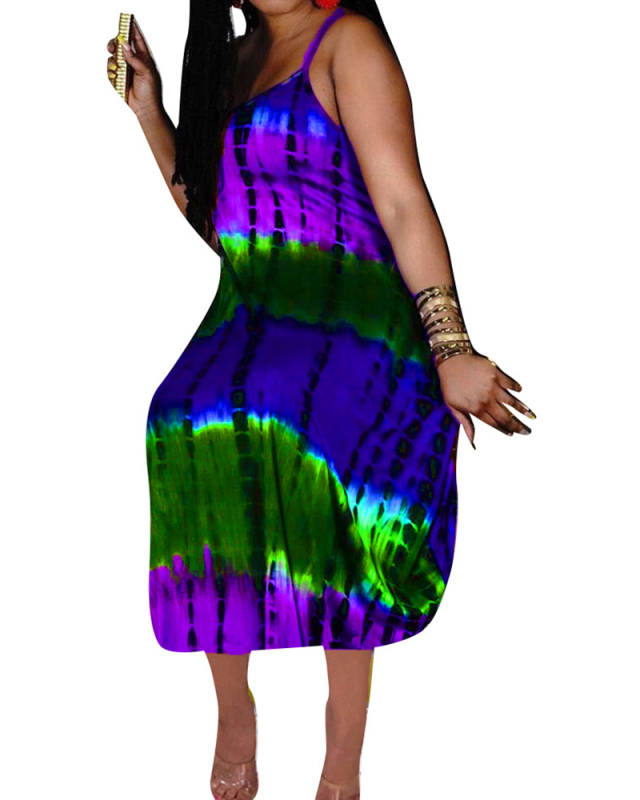 Hot Sale Printed Strap Loose Casual Maxi Dresses Orange Yelllow Purple Green Blue S-2XL