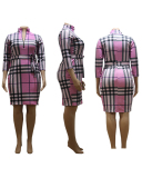 Lady Sexy Slim Plaid Skirt Turn-down Collar Plus Size One-Piece Dress Gray Pink Khaki L-5XL