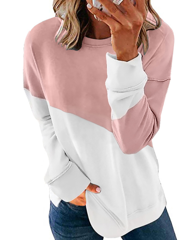 Woman New Color-Blocking Long-Sleeved Round Neck Contrast Color Loose T-shirt Top S-XXL