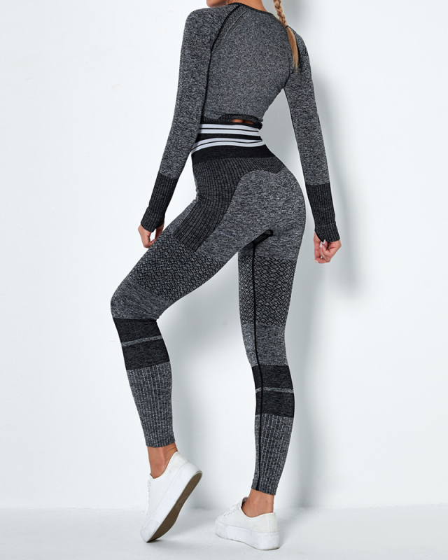 Seamless Knitted Quick-drying Sports Yoga Long-sleeved Two-piece Striped Fitness Yoga Pants Suit XS-L