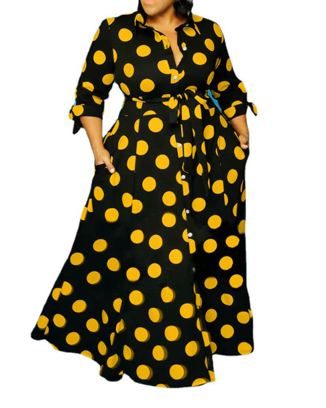 Lady Fashion Shirt Long Sleeve Polka Dot Print Dress XL-5XL
