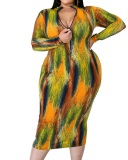 Sexy Ladies High Neck Long Sleeve Slim Tie Dye Printed Mid-length Ladies Dress L-5XL