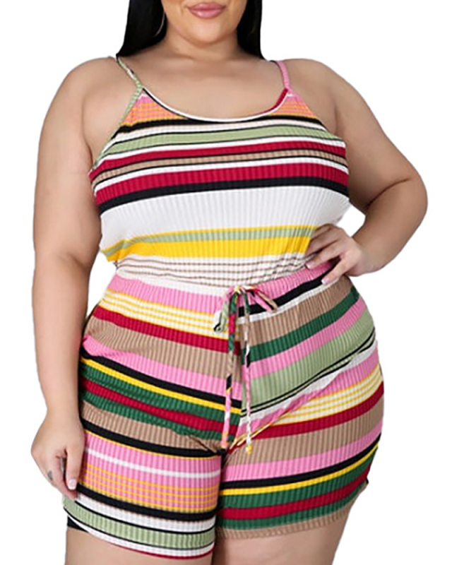 Women Colorblock Striped Strap Tops Shorts Set Plus Size Two Piece Sets Blue Pink L-4XL