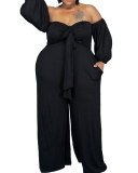 Plus Size Sexy Strapless Top Solid Color Wide Leg Pants Jumpsuit L-4XL