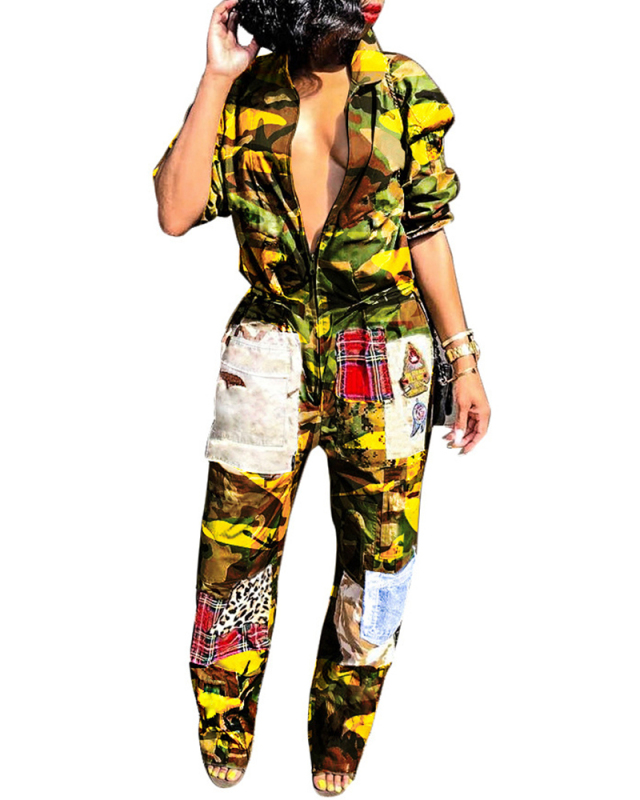 Ladies Fashion Camouflage Print Sexy Casual Sports Long-Sleeved Jumpsuit S-XXL