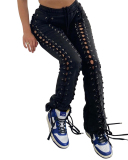 Trendy Eyelet Drawstring Pierced Trousers Solid Black S-2XL